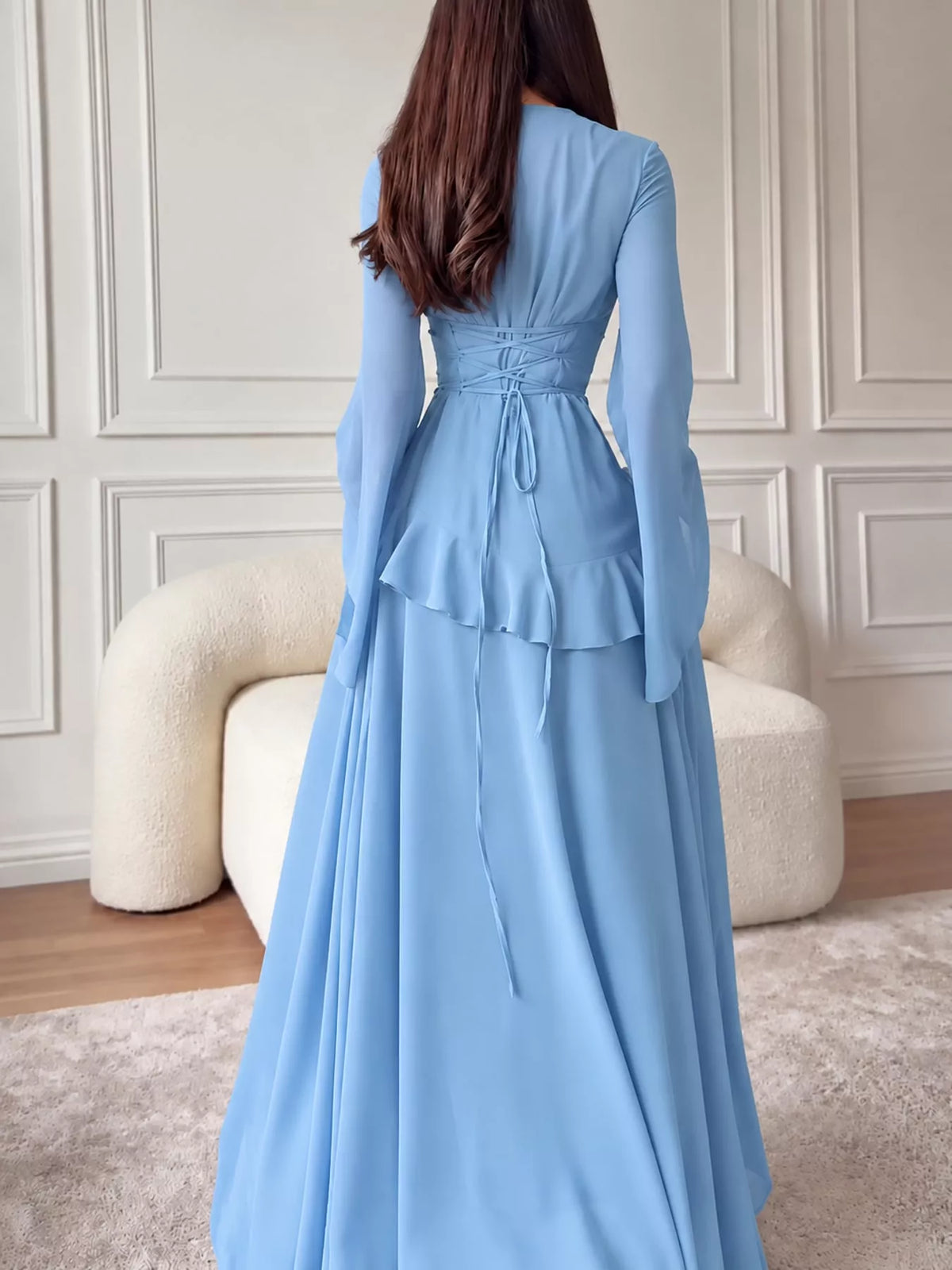 Light blue plus-size maxi dress with back lace-up tie and tiered ruffles