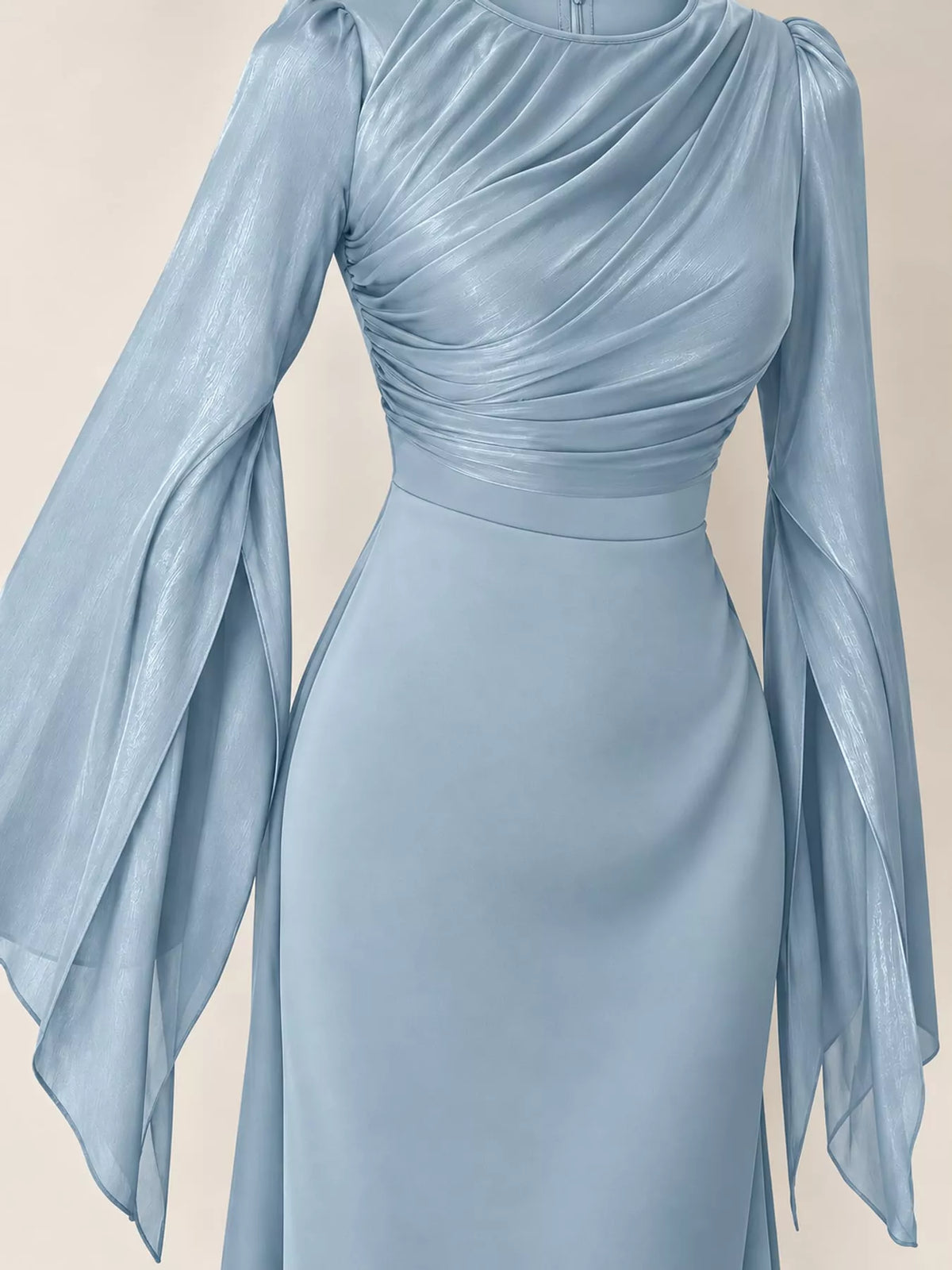 Light blue maxi dress with a ruched bodice and sheer flared sleeves