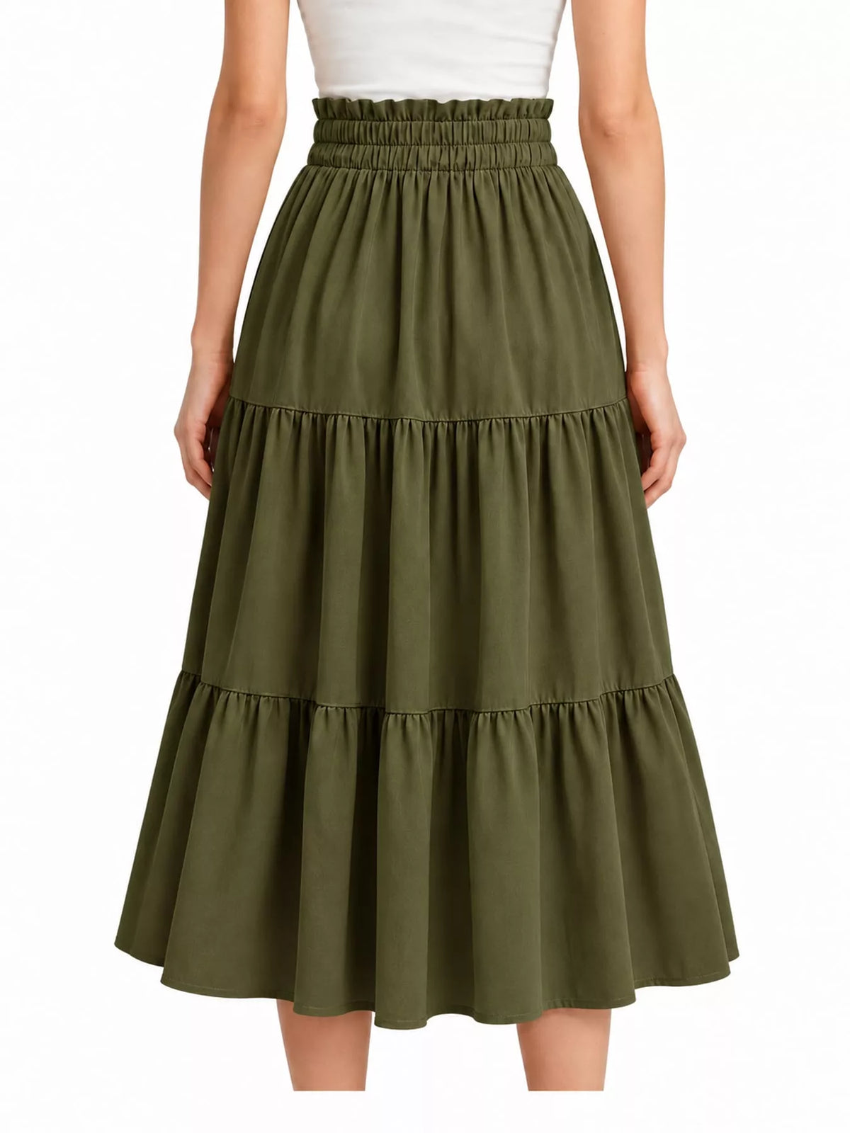 Olive tiered midi skirt with elastic waist and gathered layered skirt panels