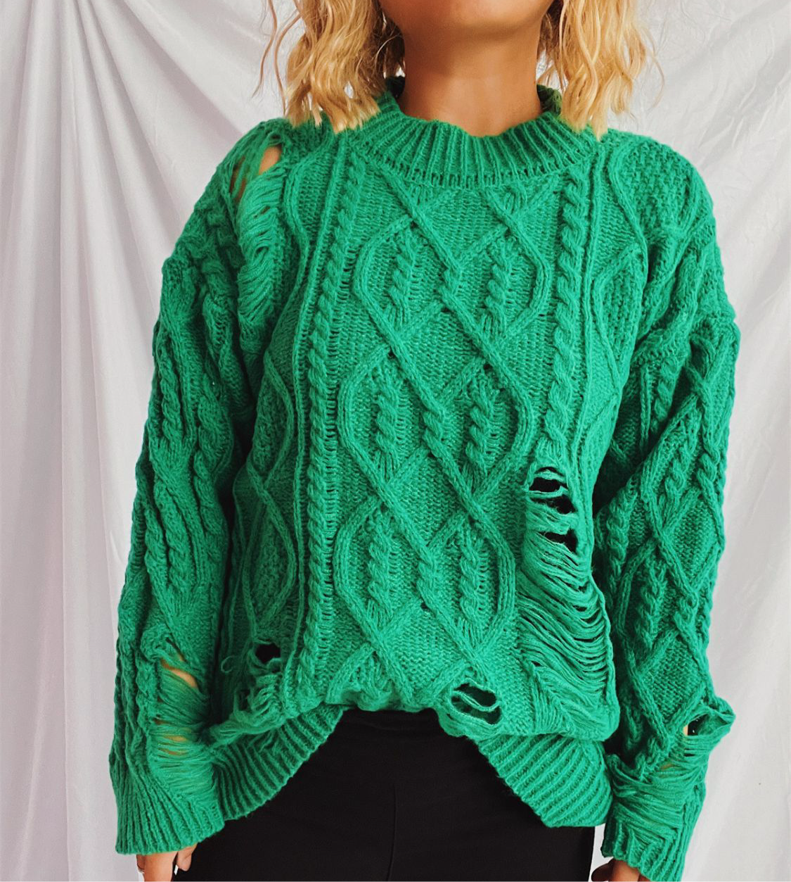 Distressed Cable-Knit Round Neck Long Sleeve Sweater