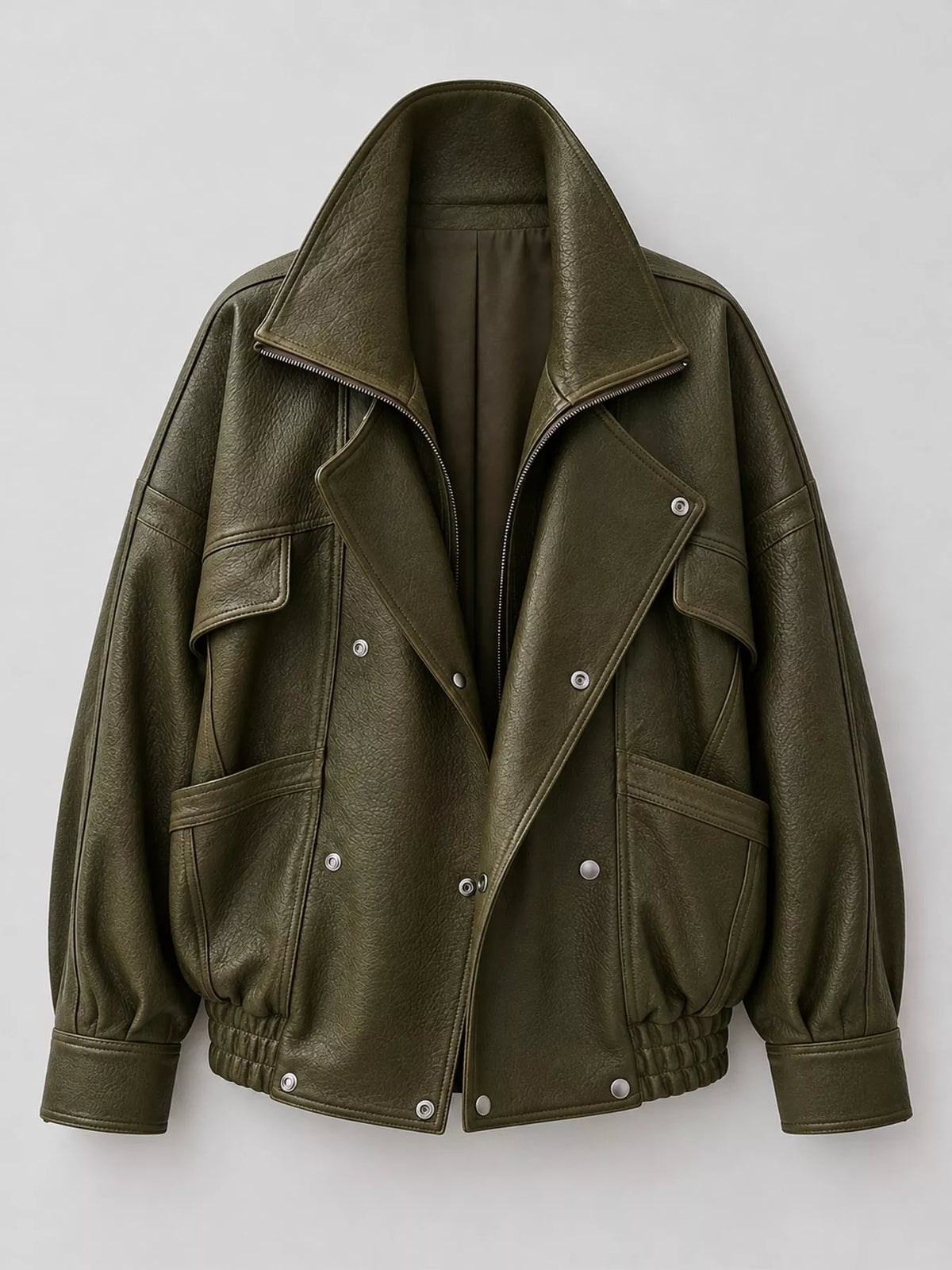 Dark green leather down jacket with stand collar, flap pockets, and snap button front
