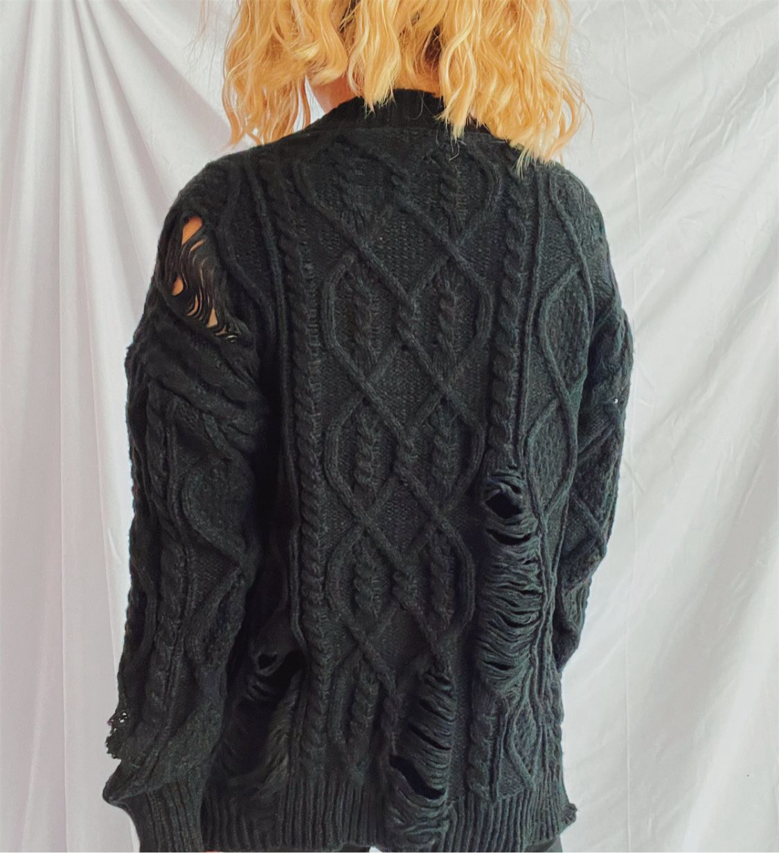 Distressed Cable-Knit Round Neck Long Sleeve Sweater