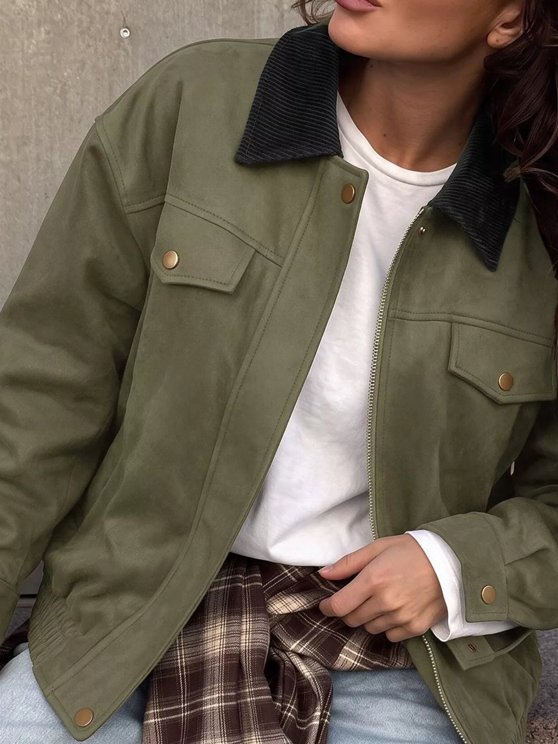 Army green zip-front jacket with stand collar and snap flap chest pockets