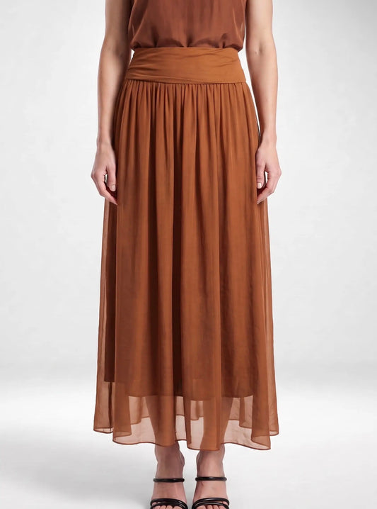 Rust silk gathered midi skirt with foldover waistband and tiered pleats in sheer fabric