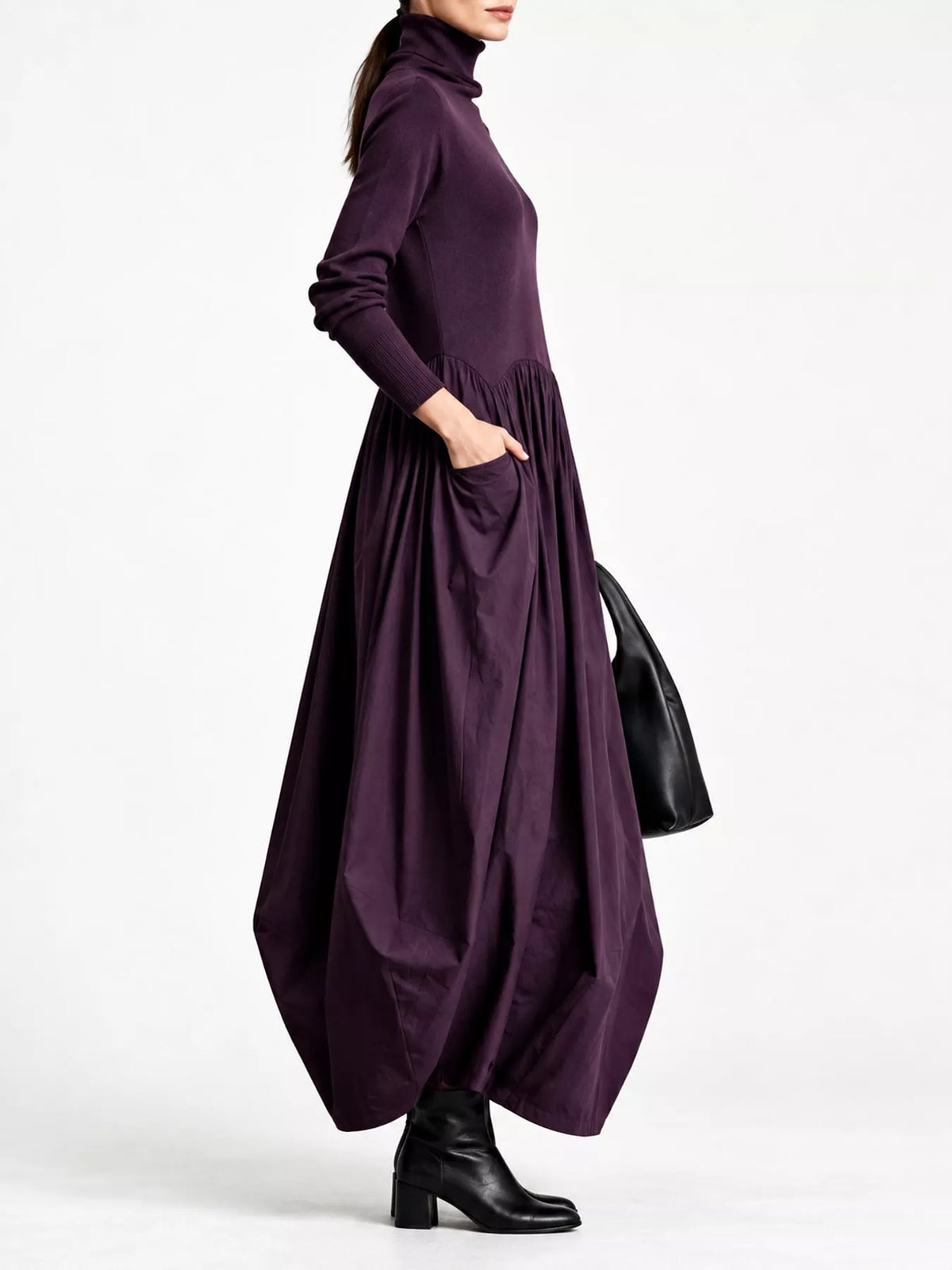 Purple long-sleeve turtleneck maxi dress with pocket and gathered draped skirt