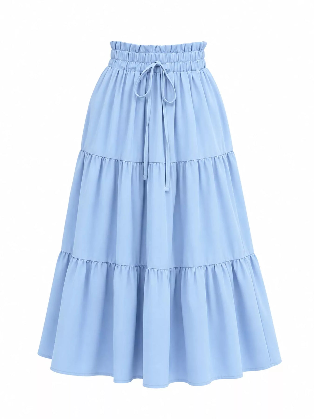 Front view of sky blue tiered midi skirt with elastic waist and tied drawstring.