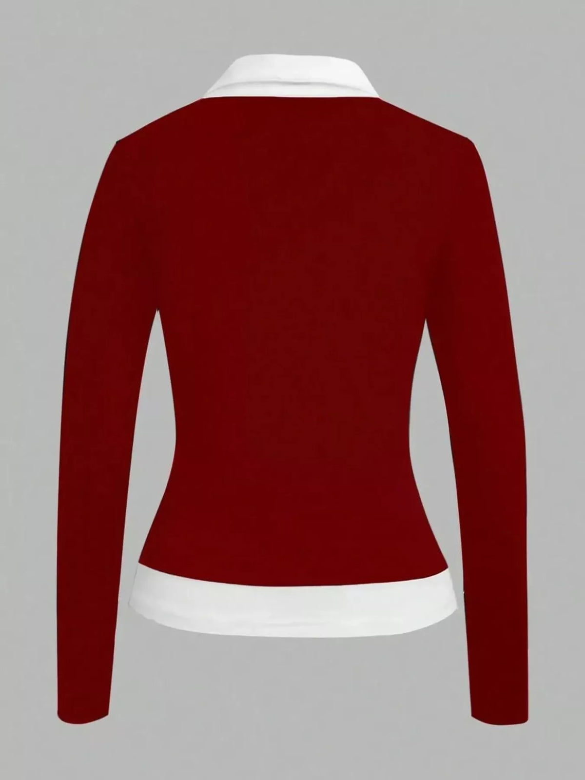 Back view of dark red long-sleeve shirt with white collar and hem