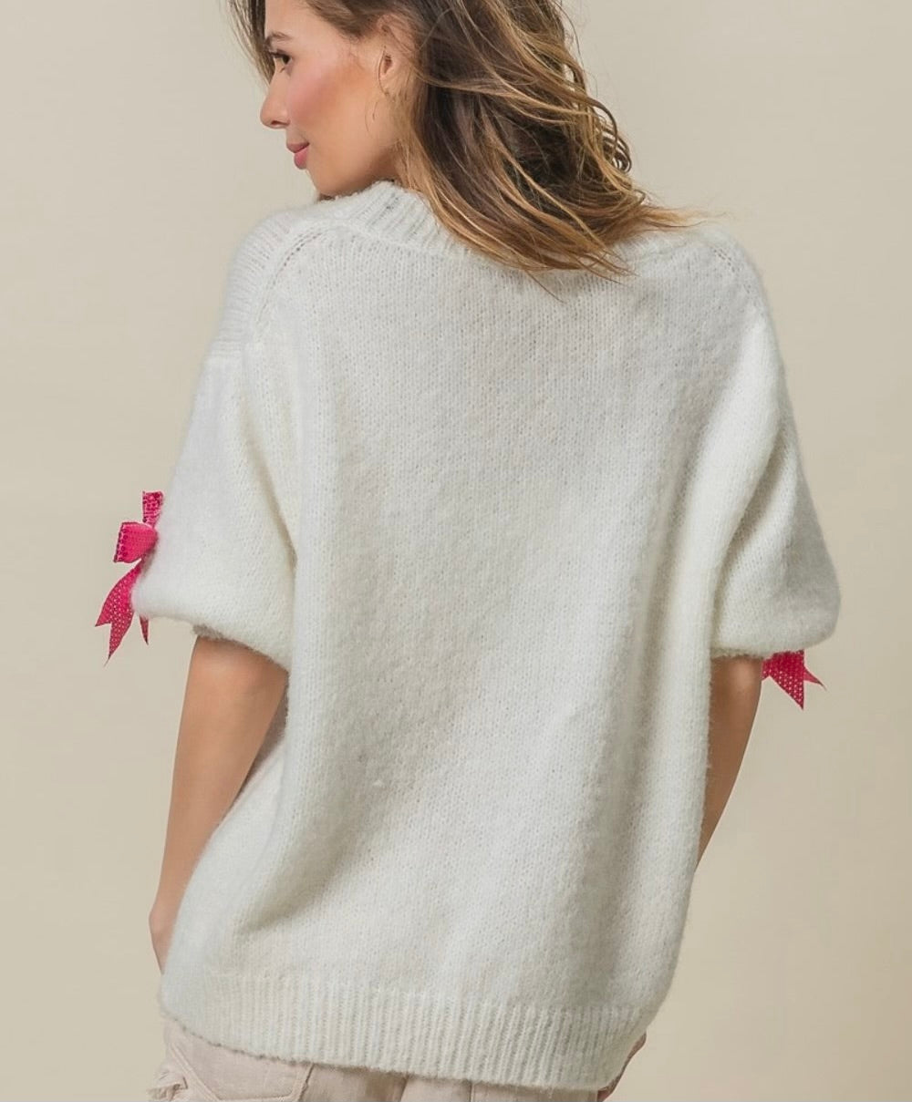 BiBi Sequin Bow Puff Sleeve Sweater