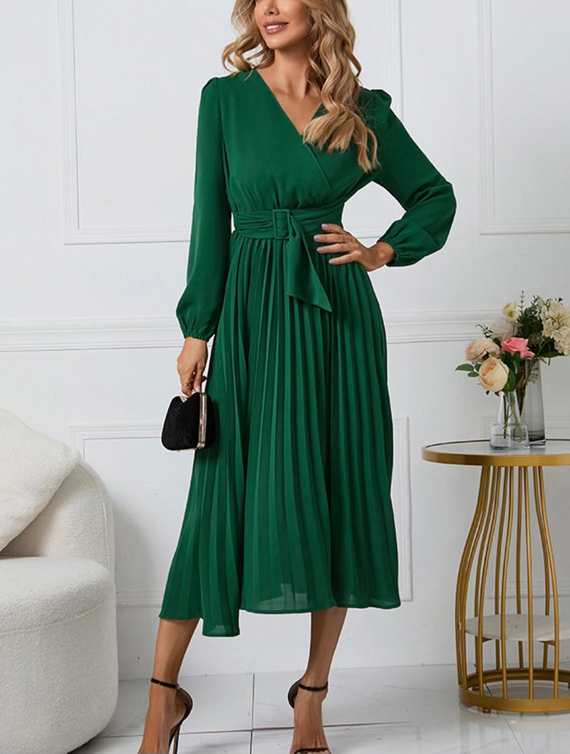 V-Neck Long Sleeve Tie Waist Midi Dress