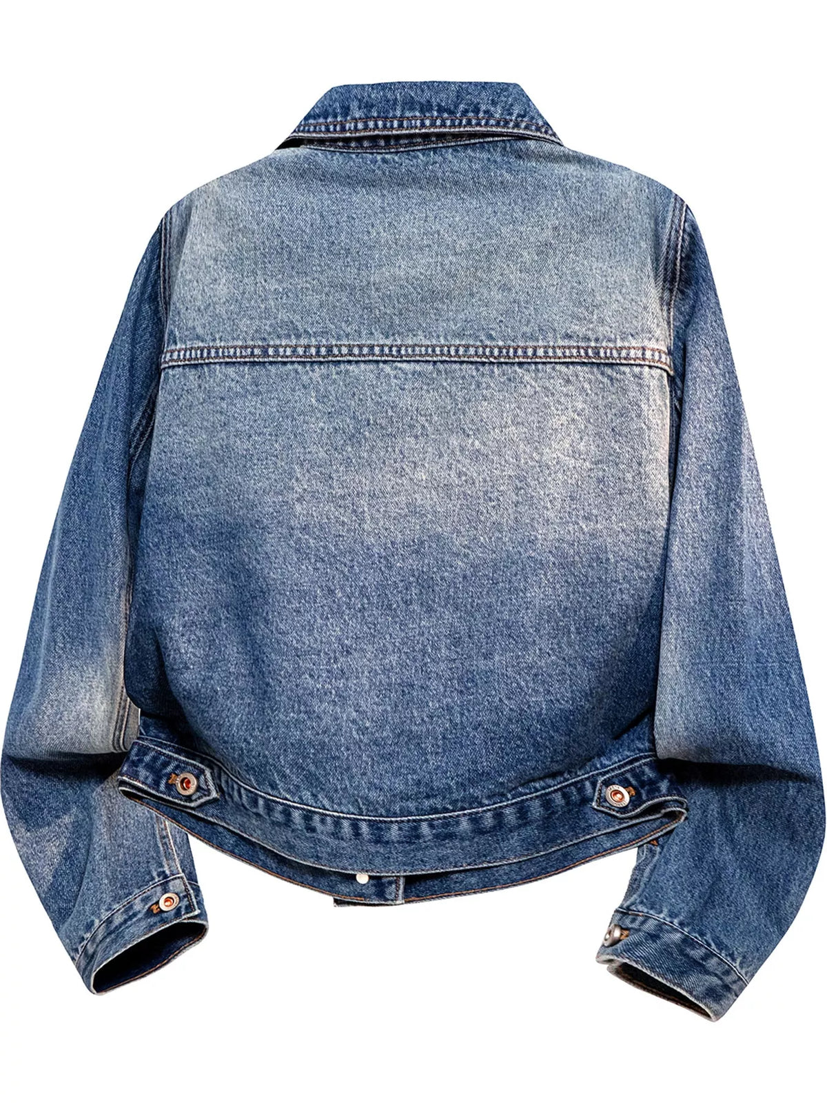 Cropped denim jacket back view with back yoke and buttoned hem