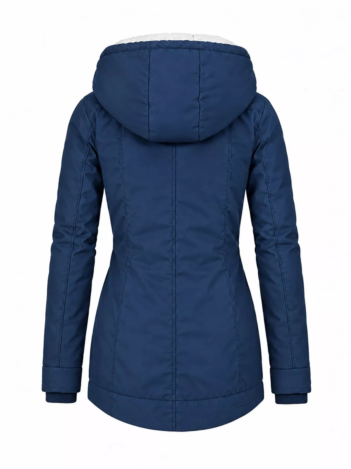 Navy sherpa-lined hooded parka back view with ribbed cuffs and quilted hem