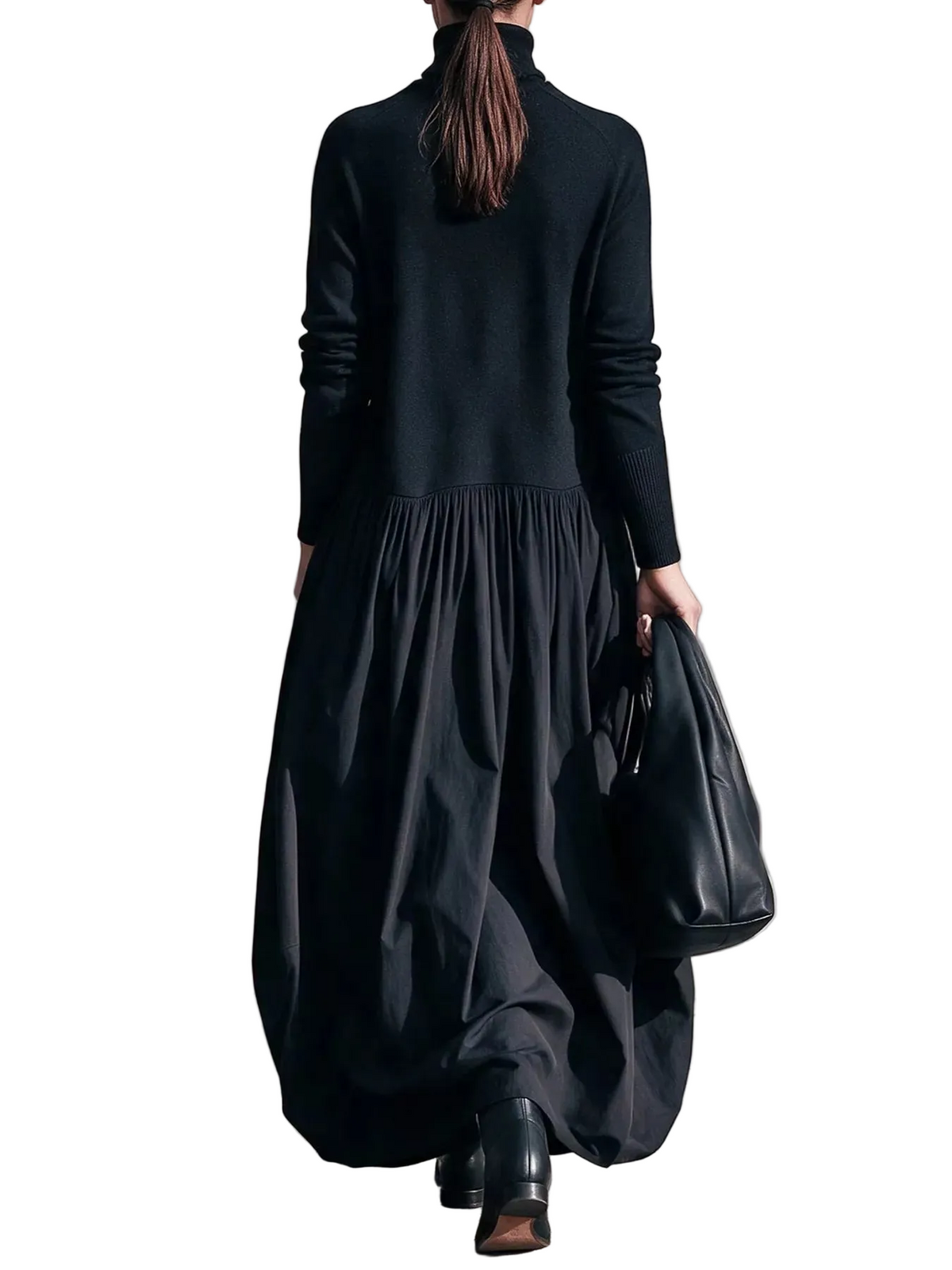 Black long-sleeve turtleneck maxi dress with gathered waist and voluminous pleated skirt