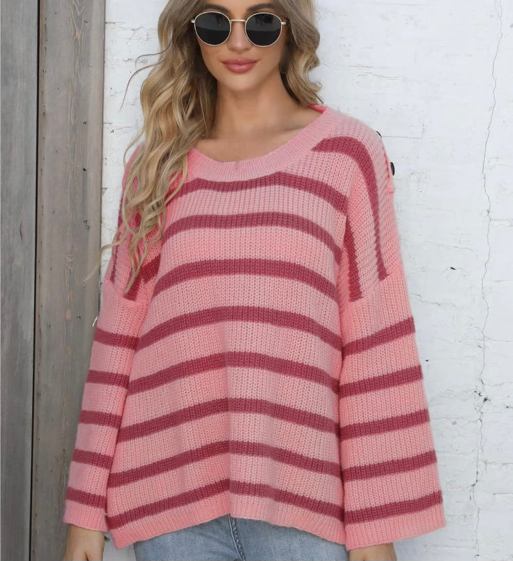 Round Neck Dropped Shoulder Striped Sweater