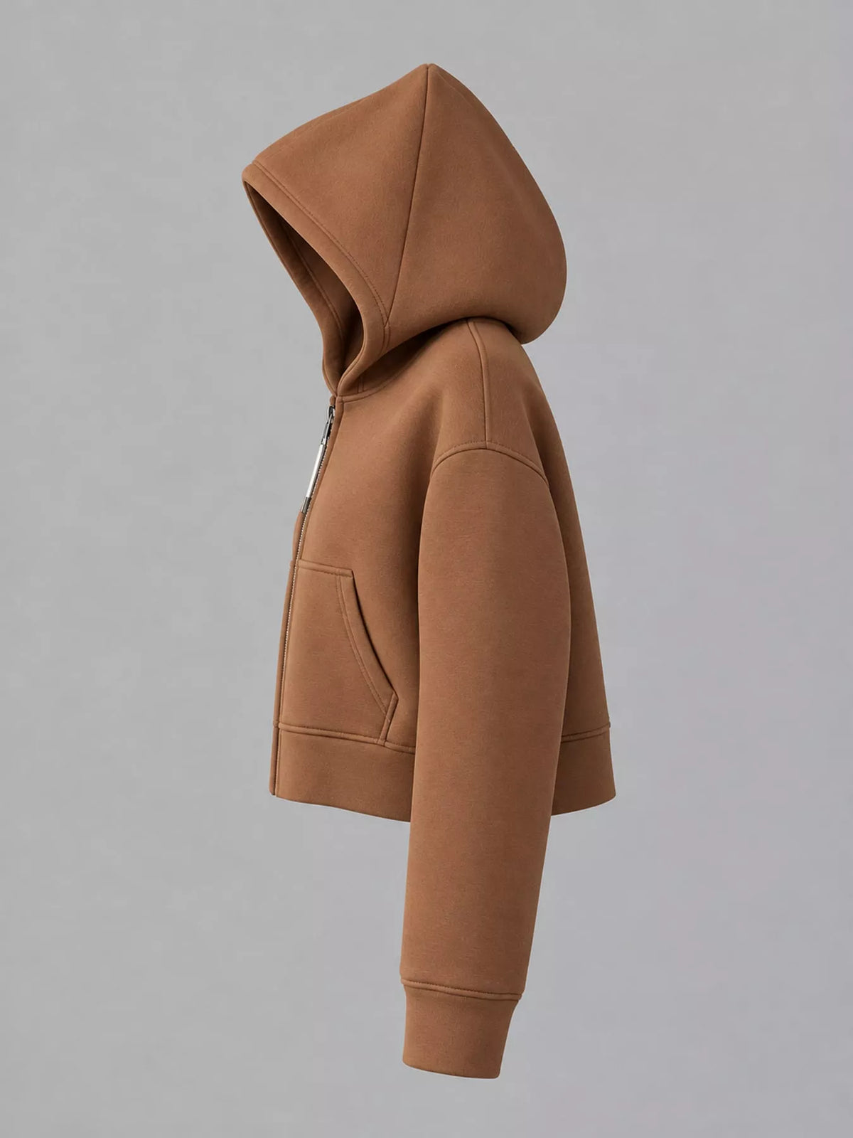 Mocha brown cropped zip-up hoodie with hood and kangaroo pocket, side view.