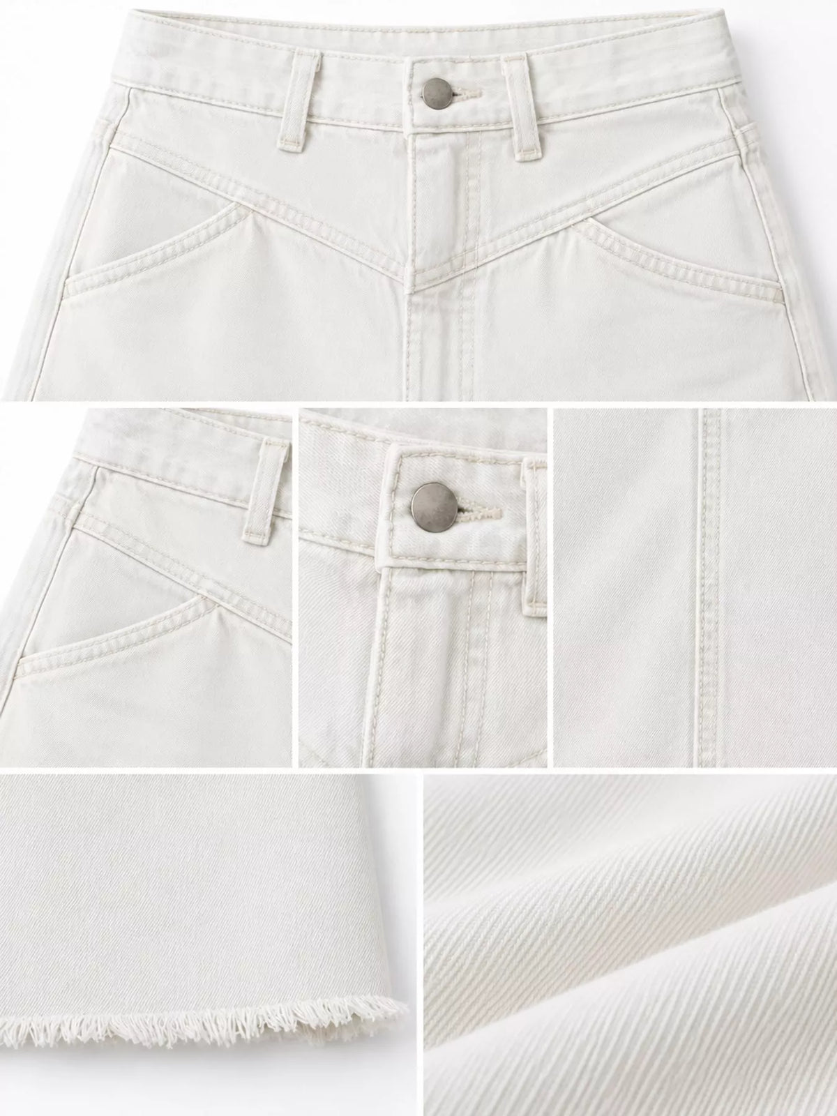 White denim maxi skirt close-up: button fly, seam details, raw frayed hem