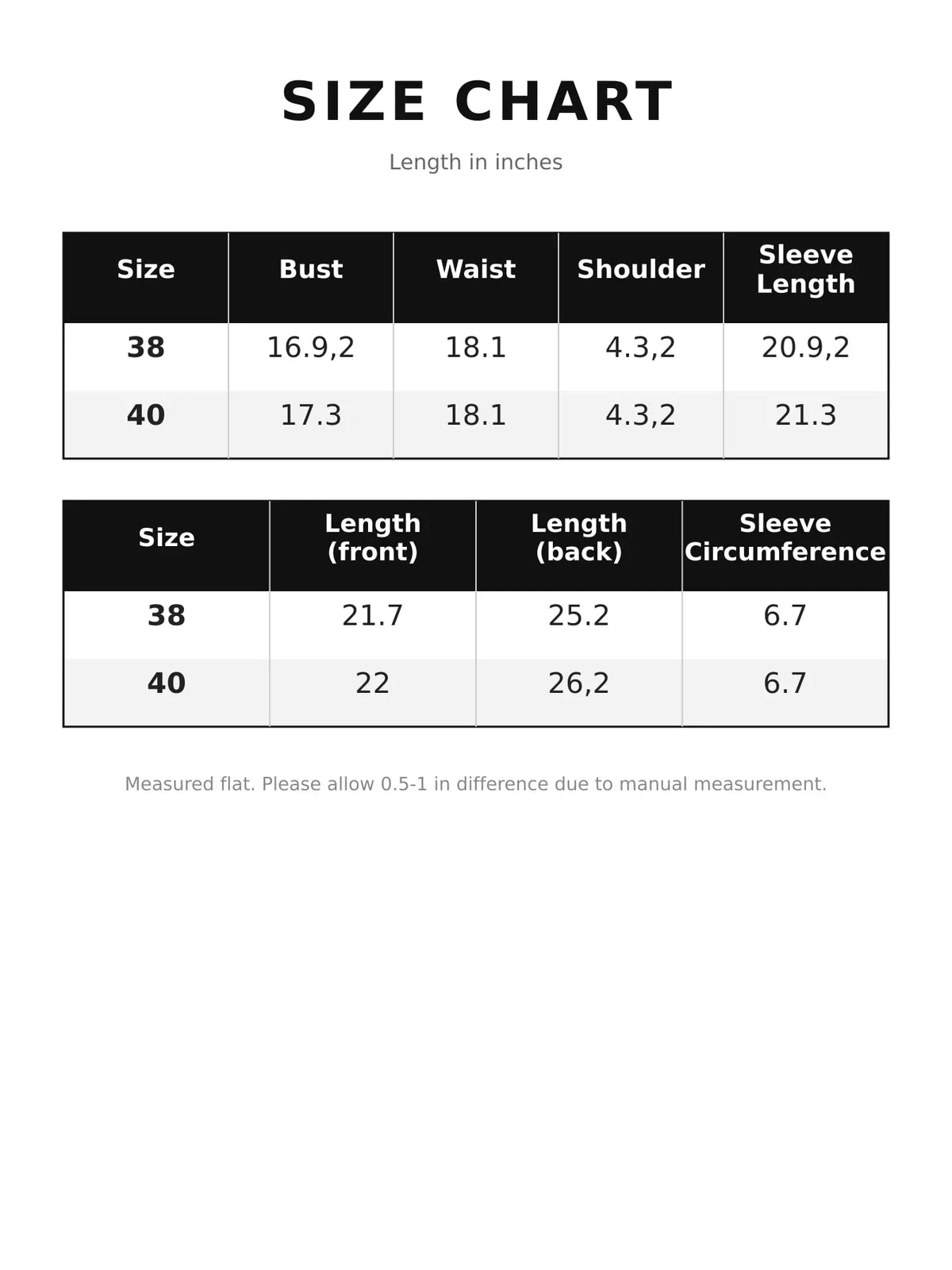 Size chart table for button-up long sleeve shirt; inches measurements