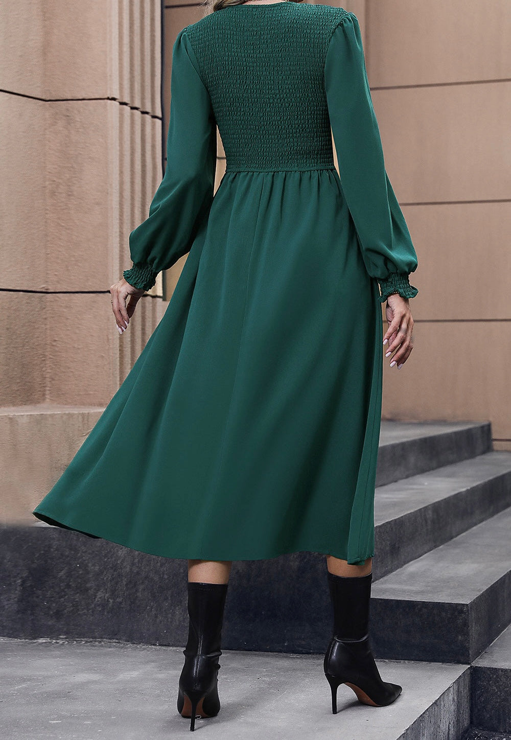 Smocked Long Sleeve Midi Dress