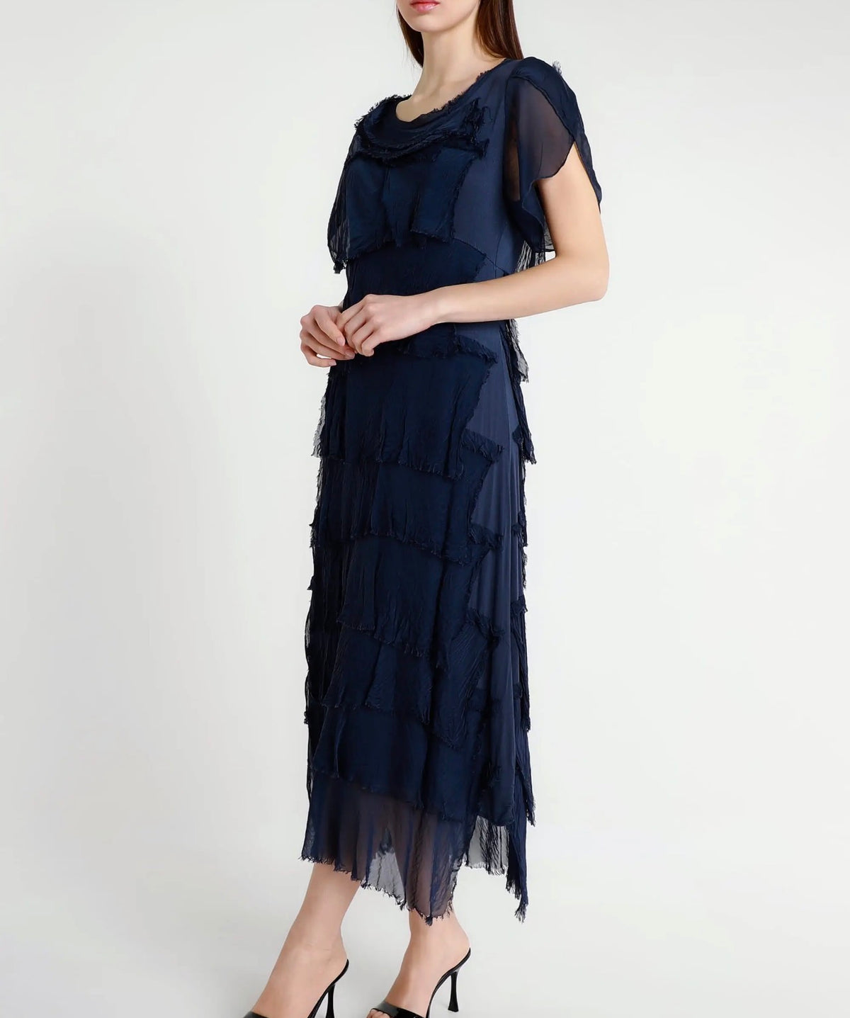 Italian Silk Miriam Short Sleeve Ruffle Dress (Navy)