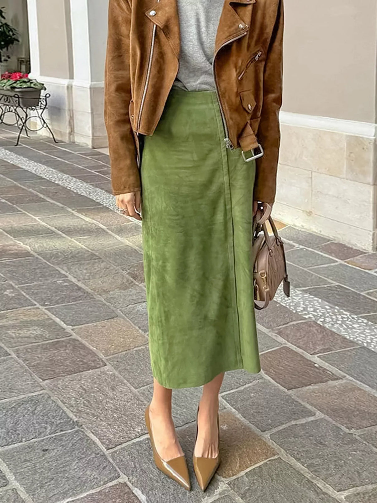 Matcha green straight midi skirt with a high waist, shown from the front.