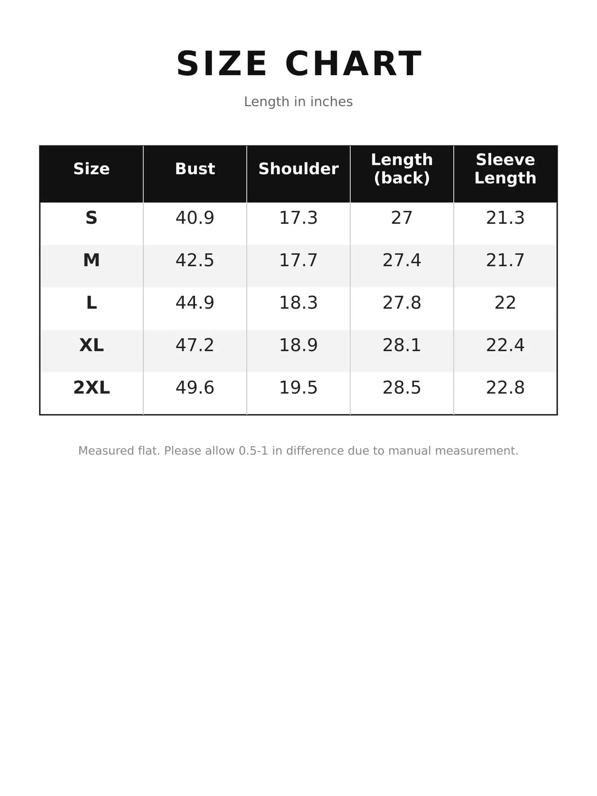 Shirt size chart table with bust, shoulder, length, and sleeve measurements