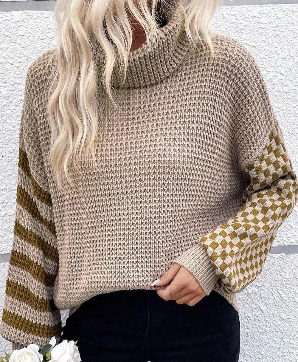 Checkered Striped Turtleneck Long Sleeve Sweater