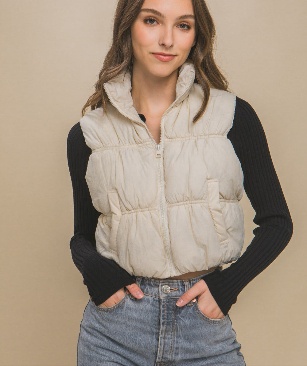 Love Tree Zip Up Turtleneck Cropped Vest Coat