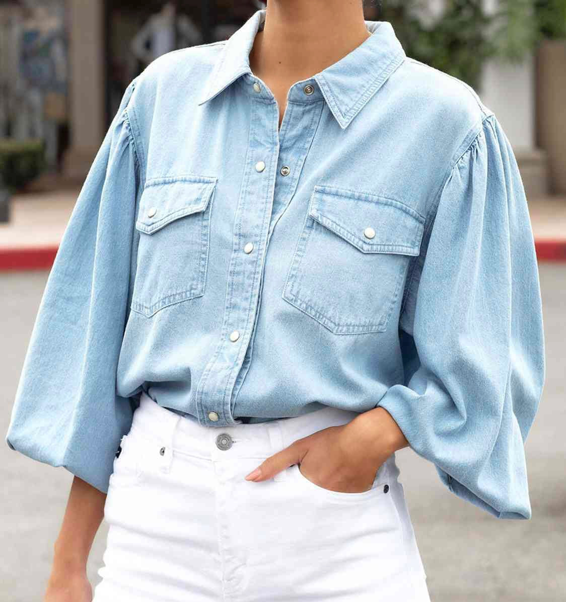 Snap Down Puff Sleeve Denim Jacket