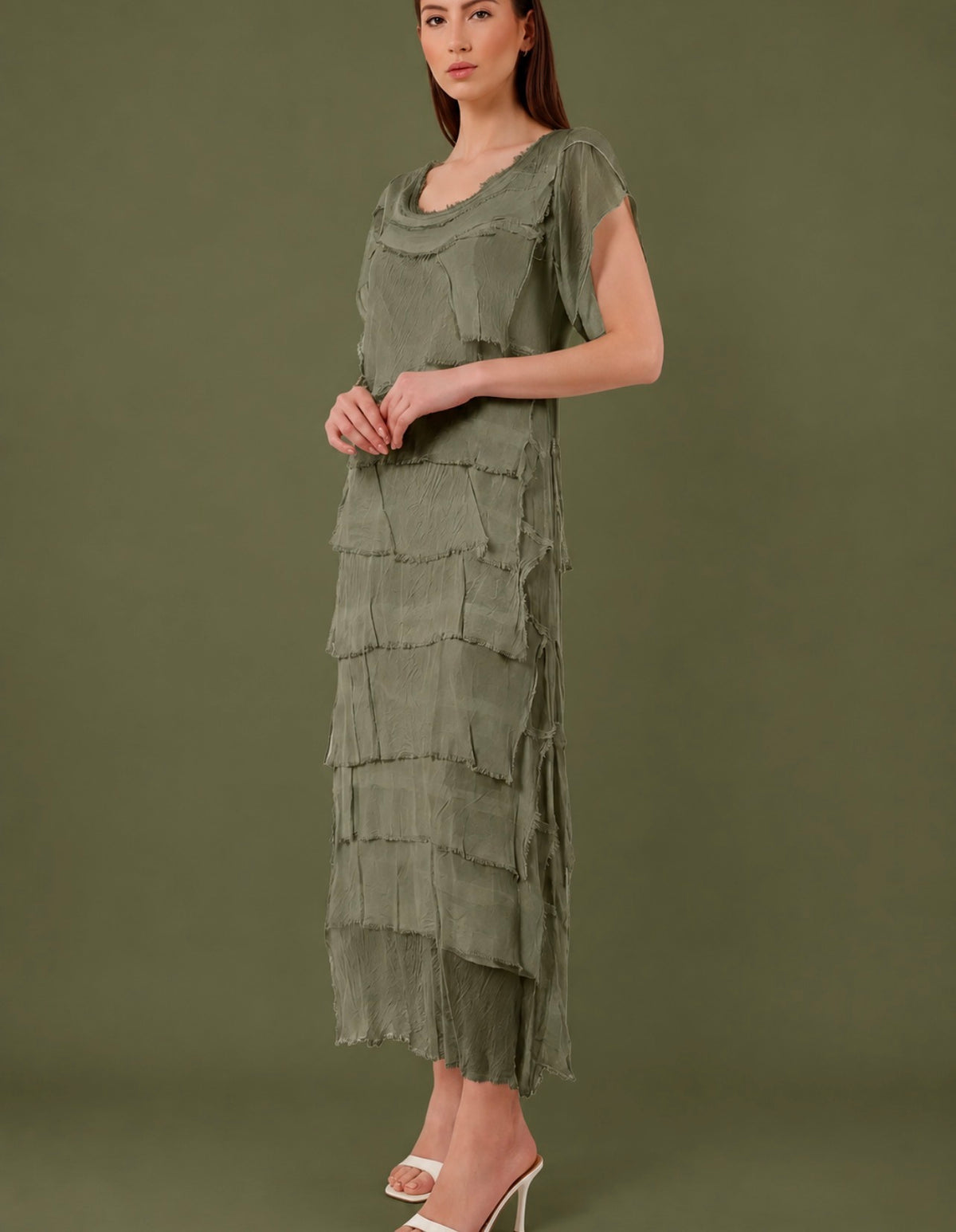Italian Silk Miriam Short Sleeve Ruffle Dress (army)