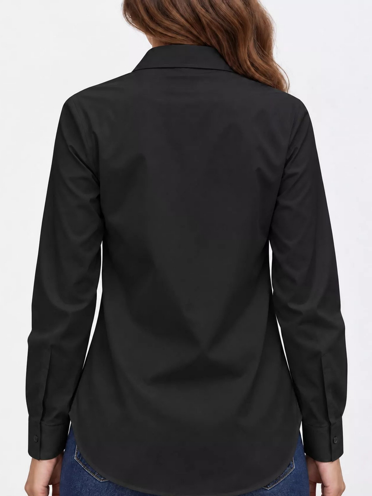 Black button-up long sleeve shirt, back view with darts and buttoned cuffs