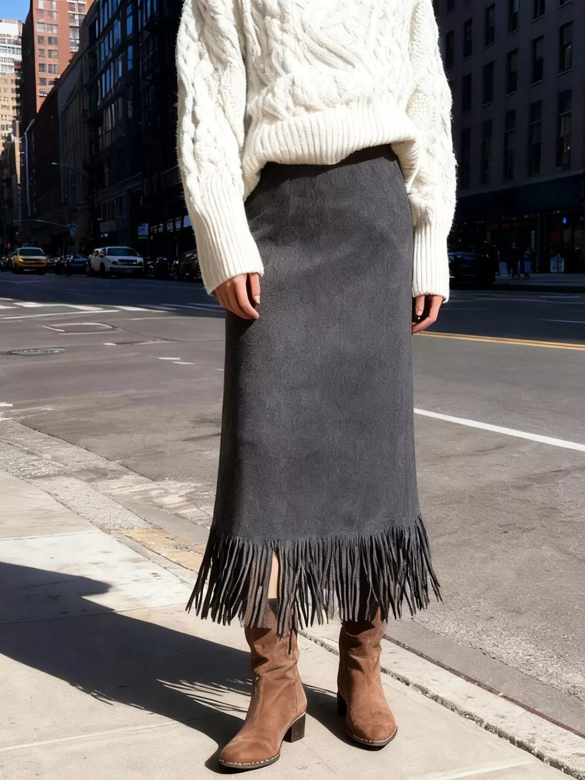 High-waisted suede midi skirt, dark gray with layered fringe at hem