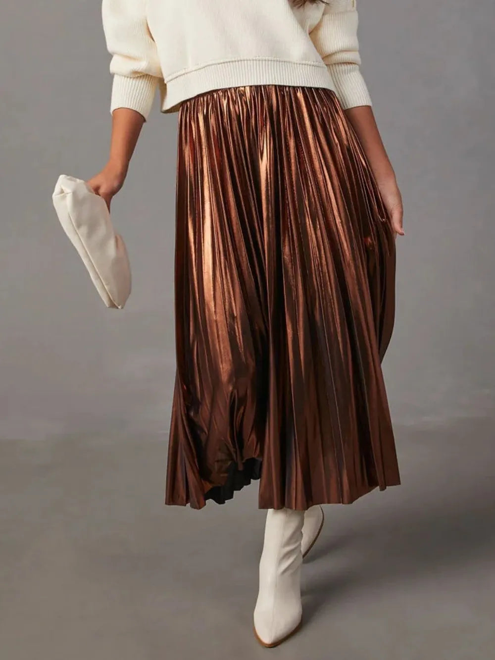 Brown metallic-look pleated midi skirt with a flowing silhouette