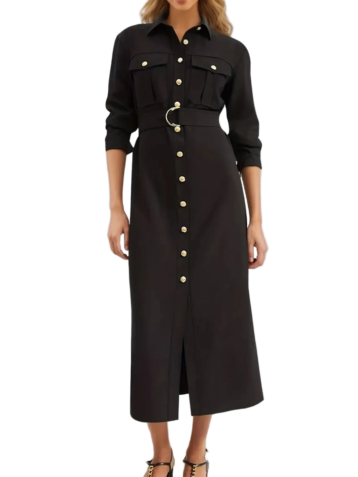 Black button-front long sleeve midi dress with gold buttons and waist belt ring buckle