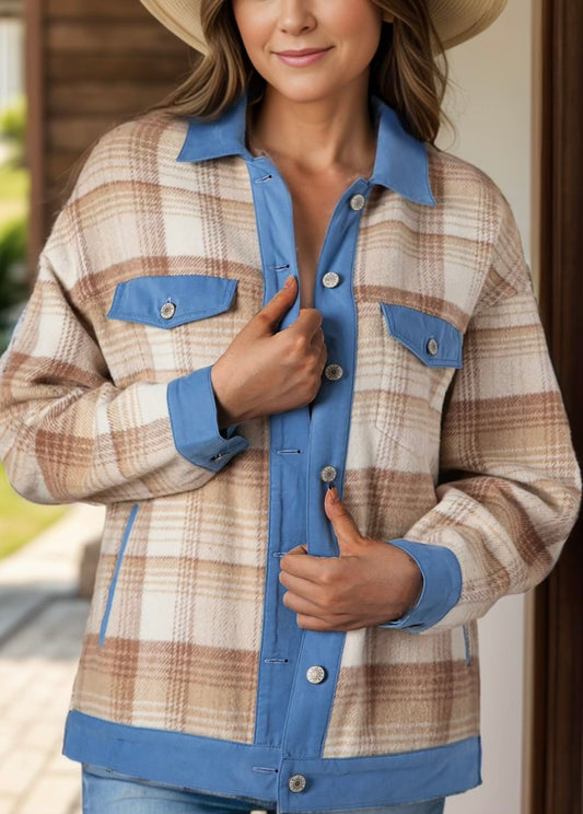 Contrast Trim Plaid Collared Neck Shacket