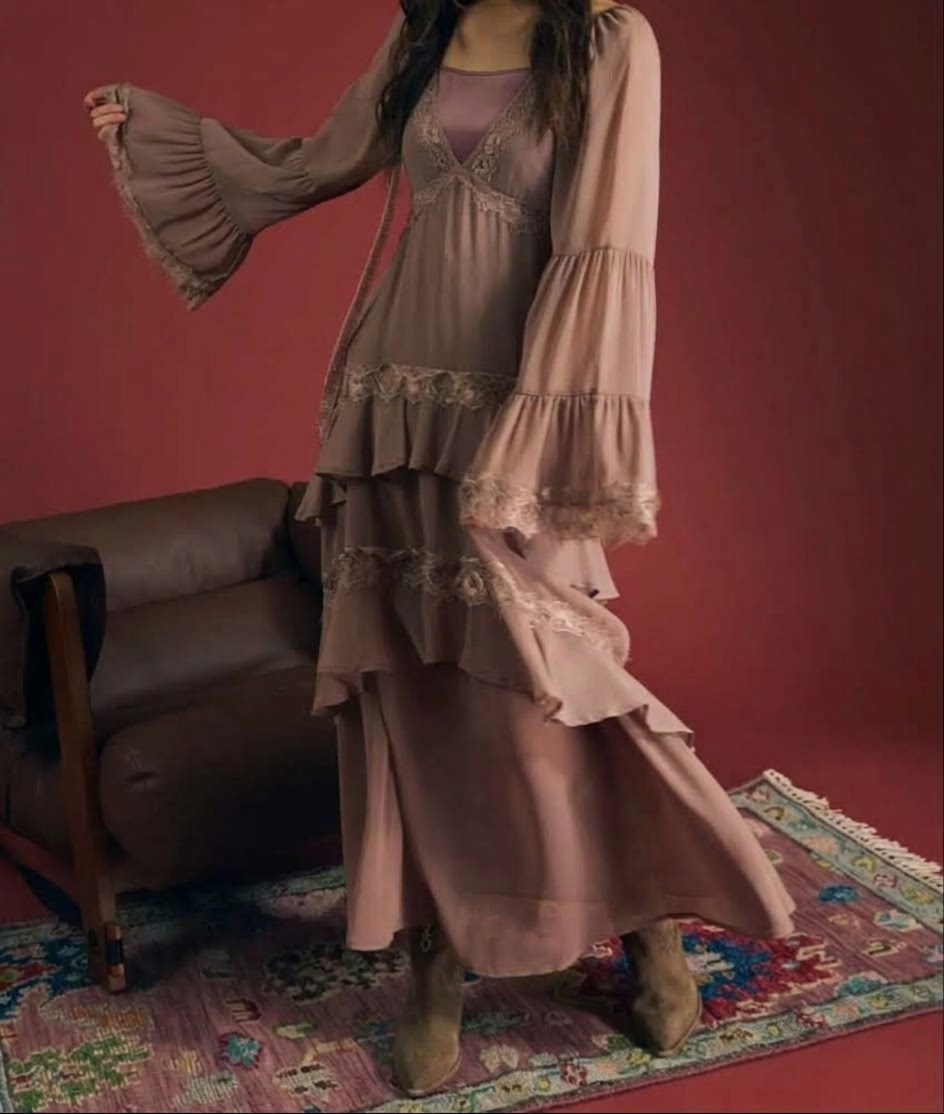Taupe ruffle-tier long-sleeve maxi dress with lace trim, side view