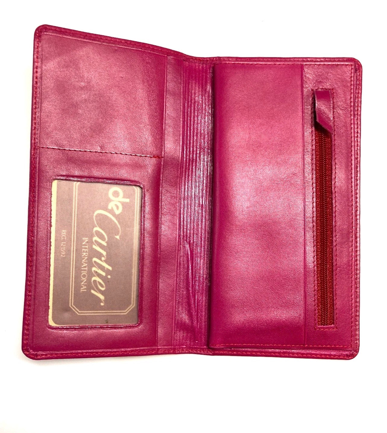 CARTIER VINTAGE MUST CC EMBOSSED LEATHER LONG WALLET BIFOLD FRANCE FUCHSIA PINK
