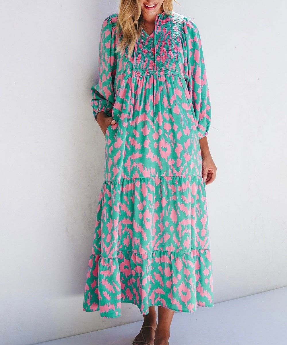 Smocked Printed Tie Neck Long Sleeve Dress