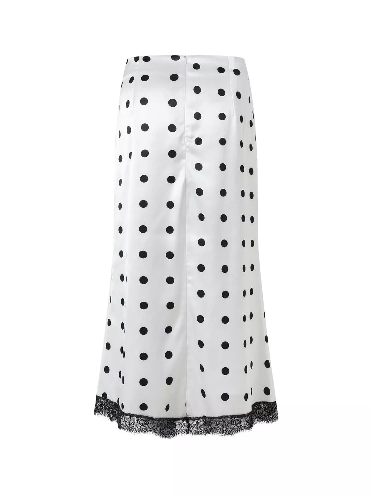 White midi skirt with black polka dots and lace trim, shown flat.