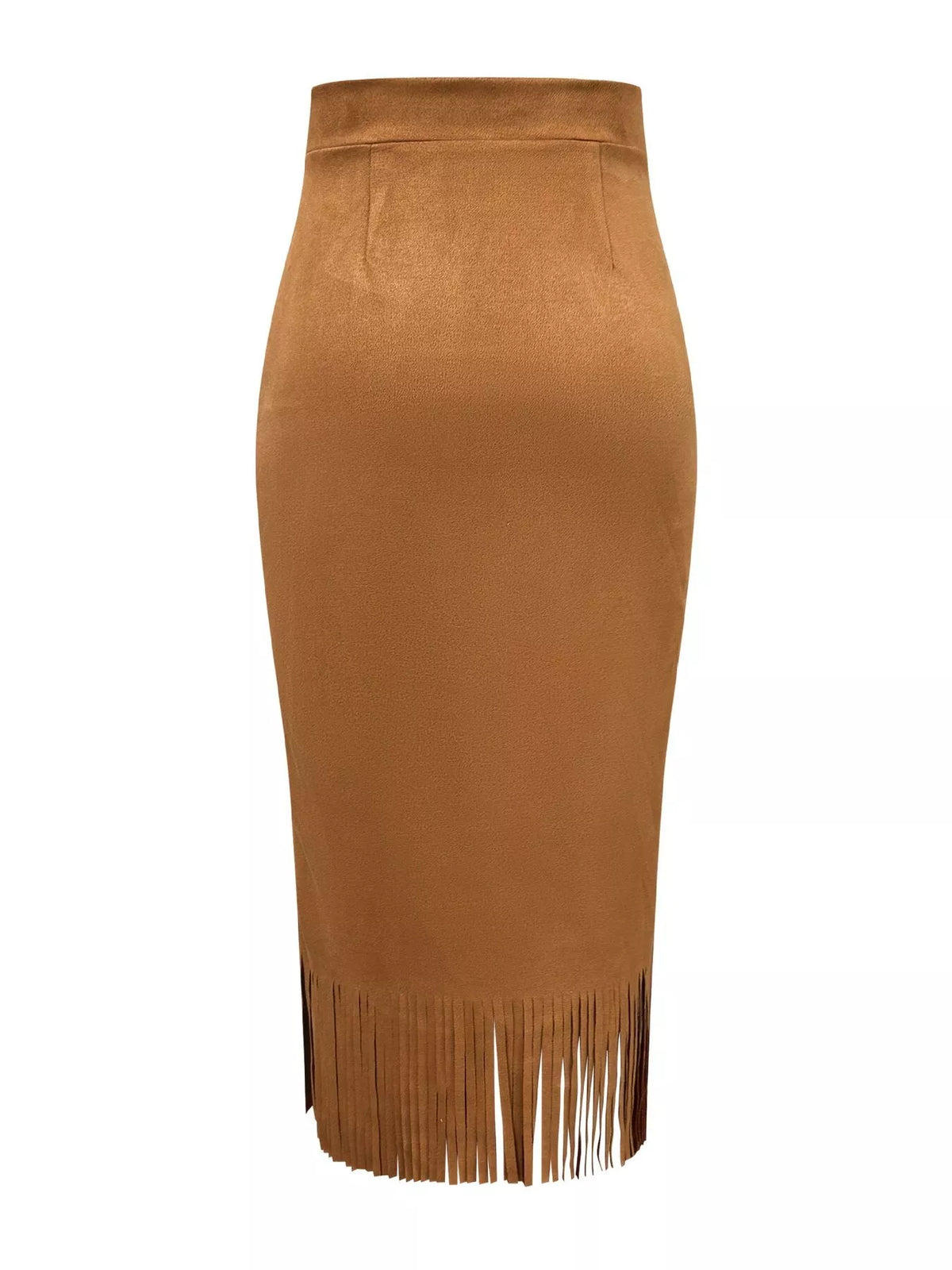 Light brown suede midi skirt with high waist and fringe detail at hem