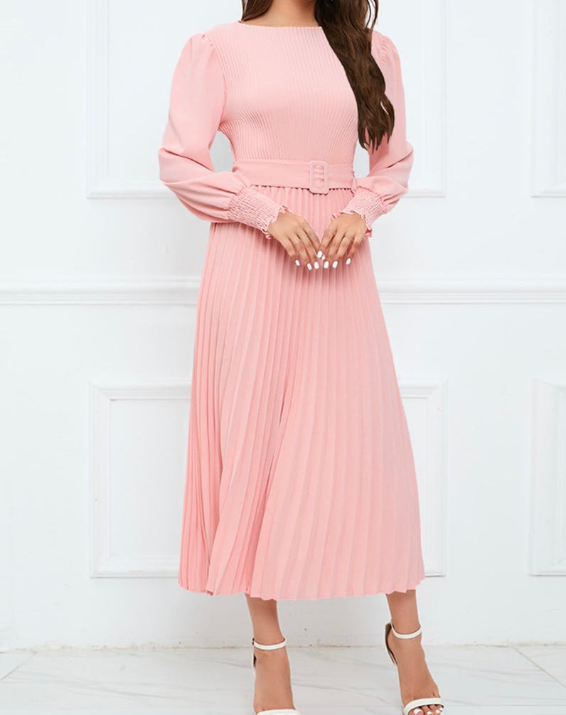 Round Neck Flounce Sleeve Pleated Dress