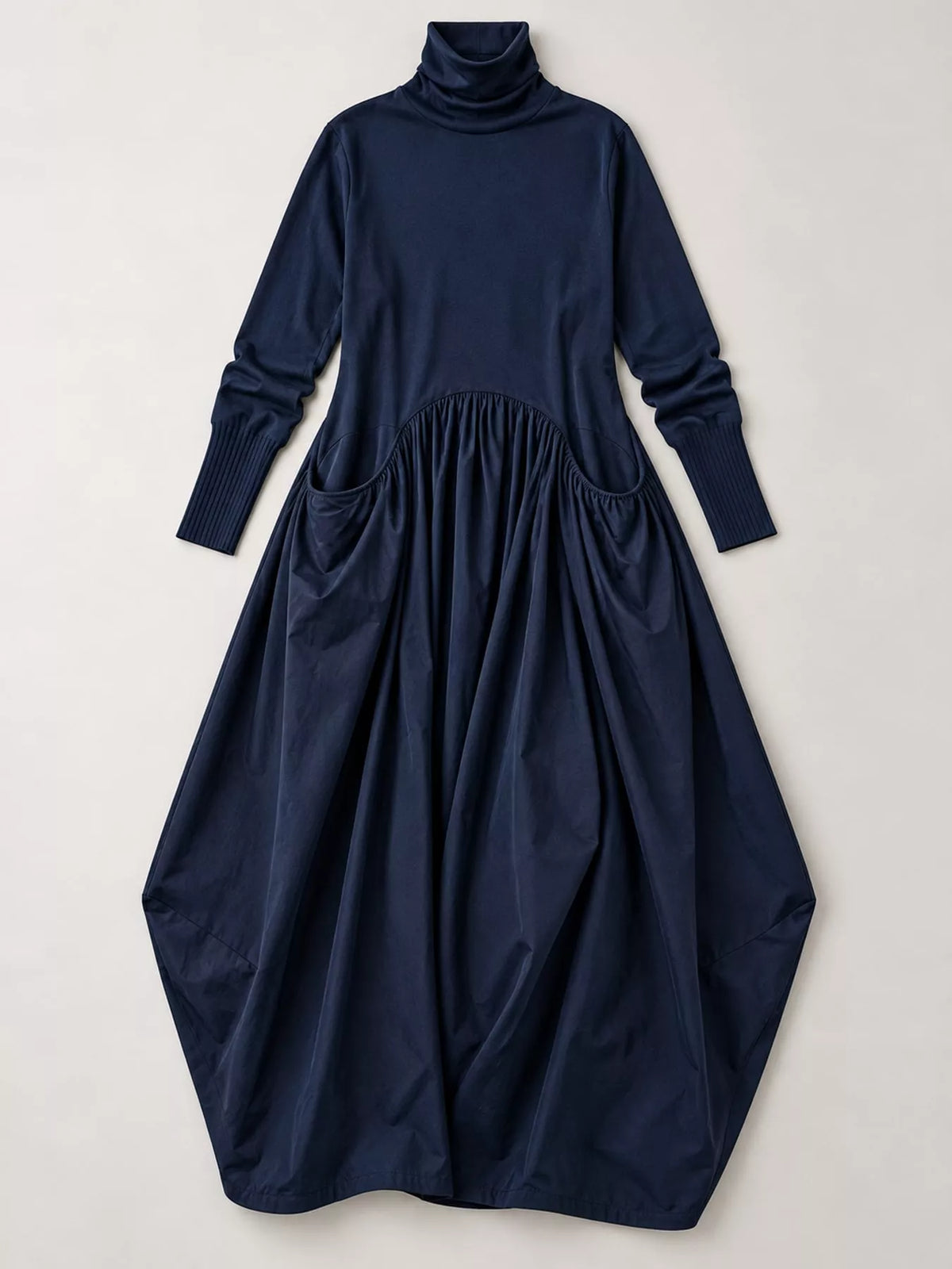 Navy long-sleeve turtleneck maxi dress with ruched waist and side pockets