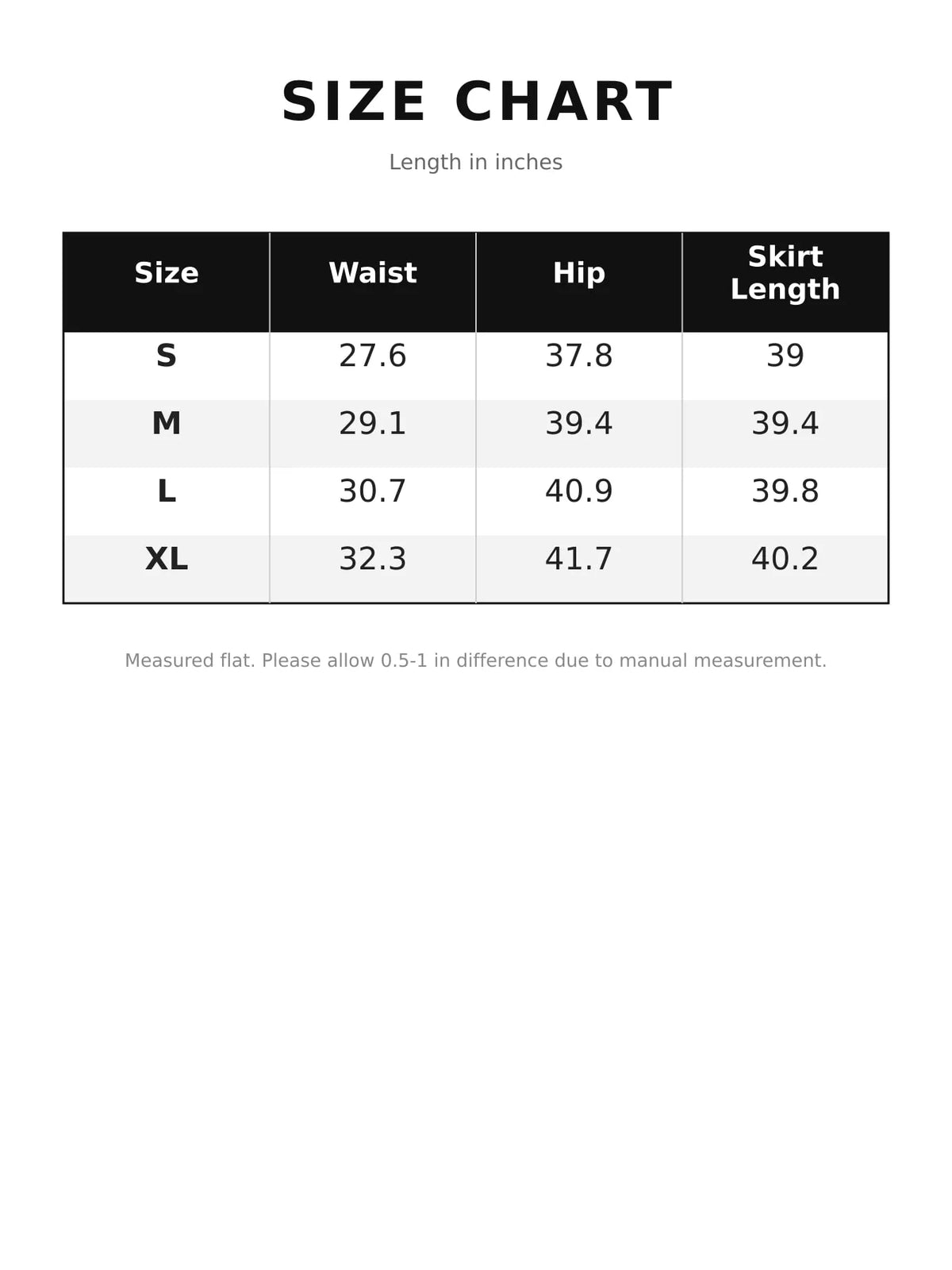 Denim maxi skirt size chart table with waist, hip, and skirt length in inches.