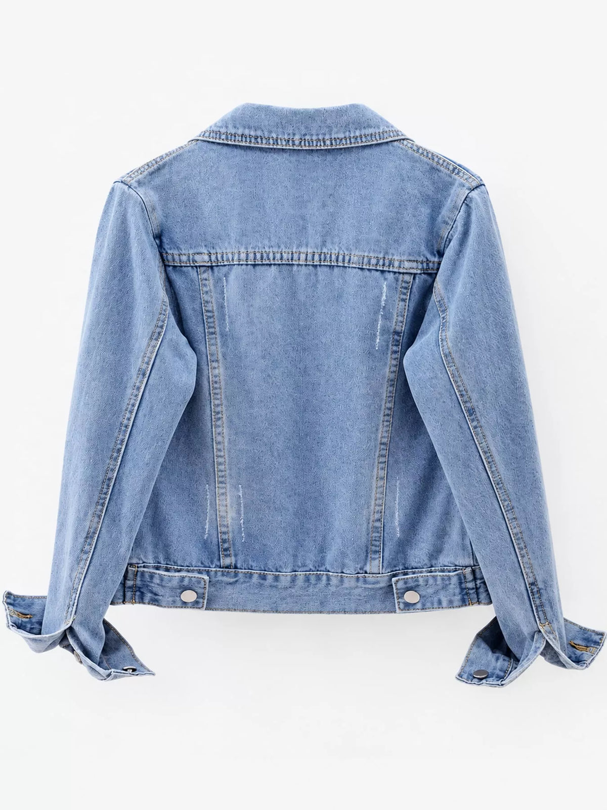 Light wash denim jacket back view with yoke seams and two-button waist hem