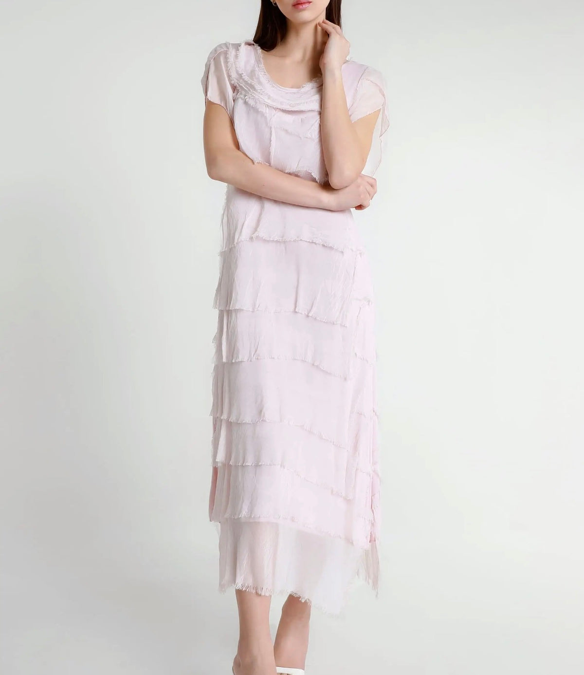 Italian Silk Miriam Short Sleeve Ruffle Dress (Blush)