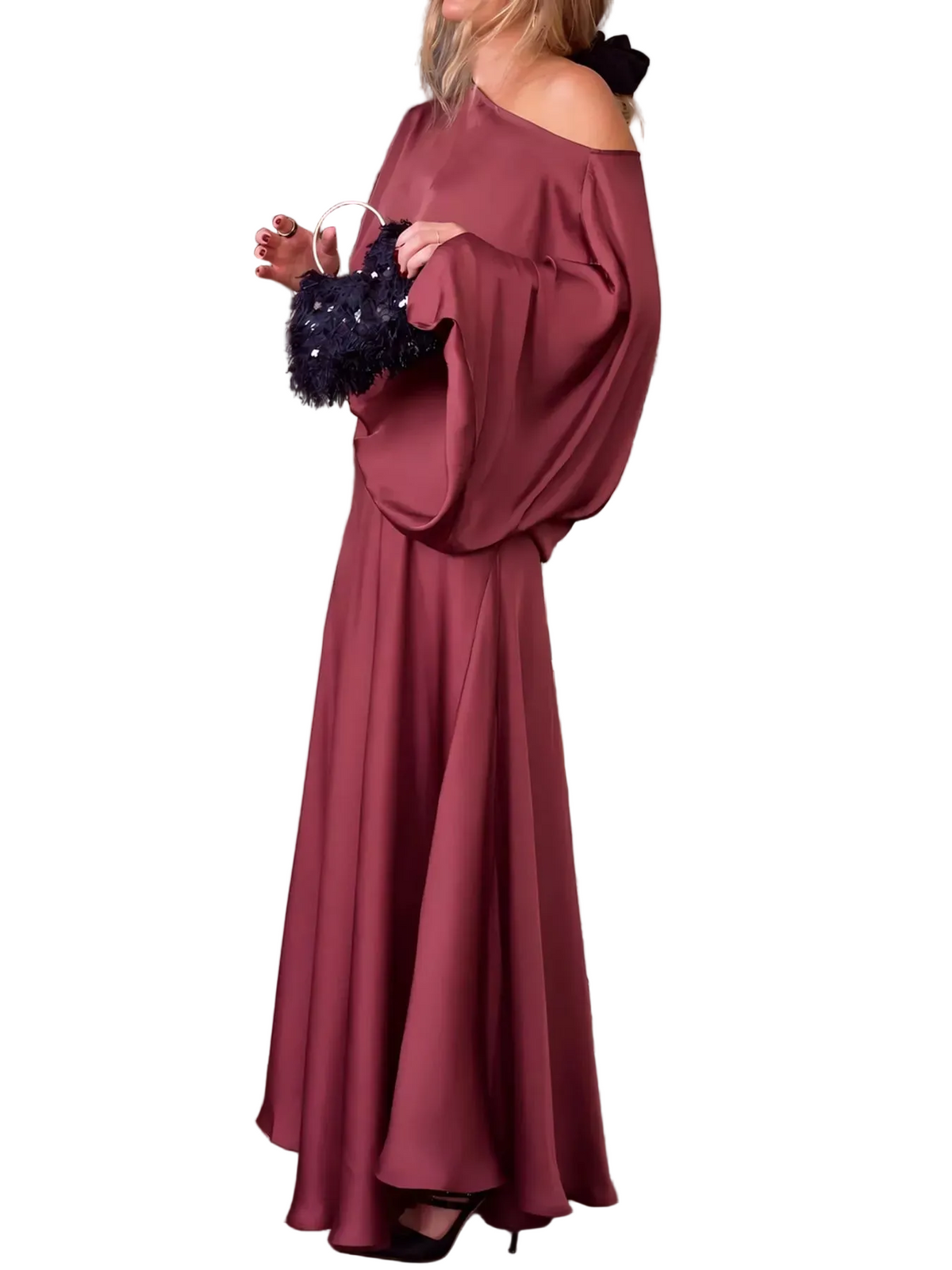 Wine red satin maxi dress with cape sleeves and gathered waist