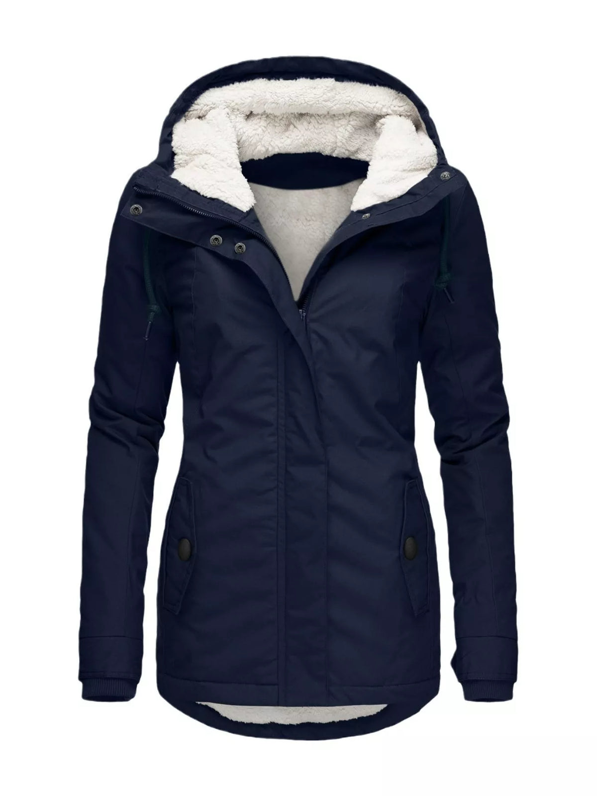 Sherpa-lined hooded parka in navy with sherpa hood lining and two chest buttons.