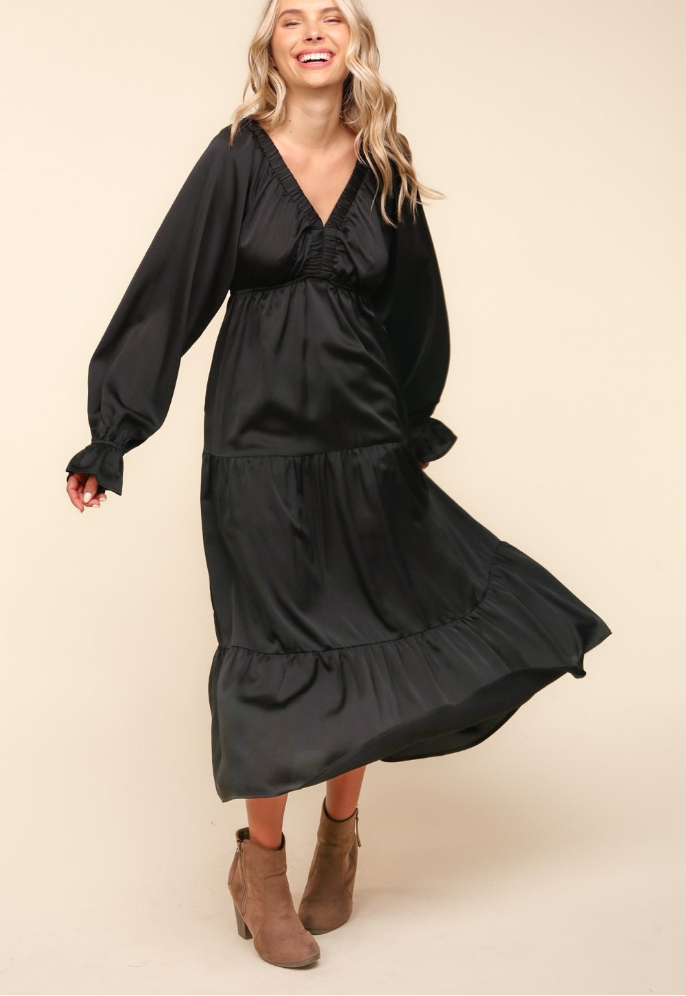 Haptics Flounce Sleeve Tiered Midi Dress with Pockets