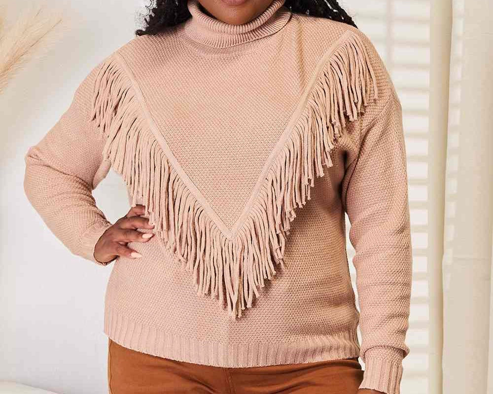 Woven Right Turtleneck Fringe Front Long Sleeve Sweater