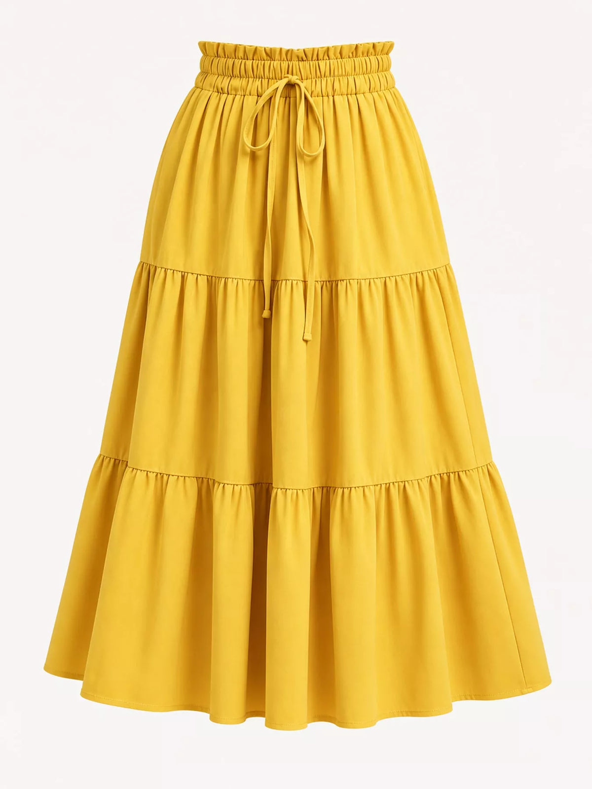 Yellow tiered midi skirt with elastic waist, drawstring, and three tiered ruffle bands.