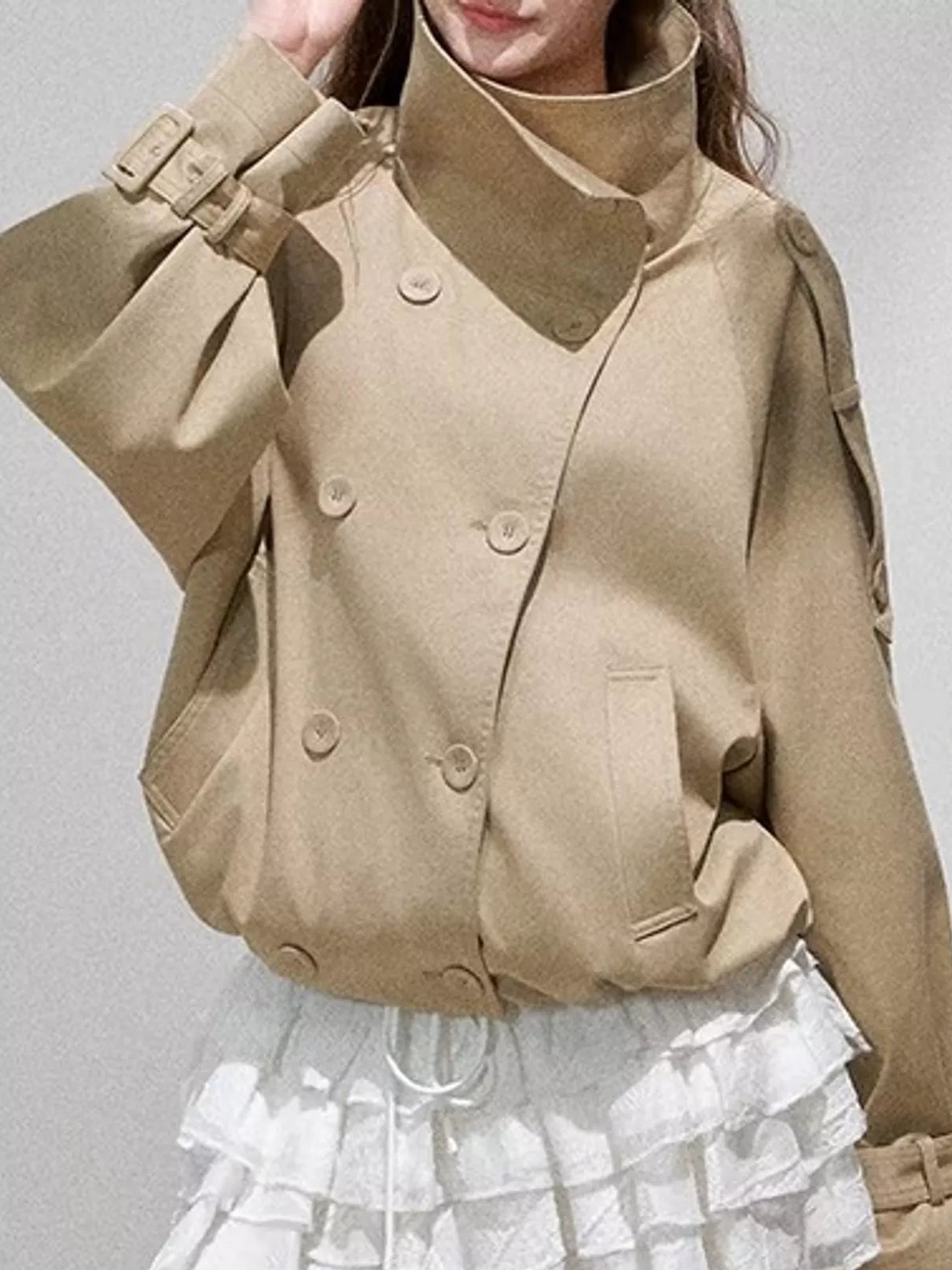 Khaki cropped double-breasted trench jacket with stand collar and flap pockets