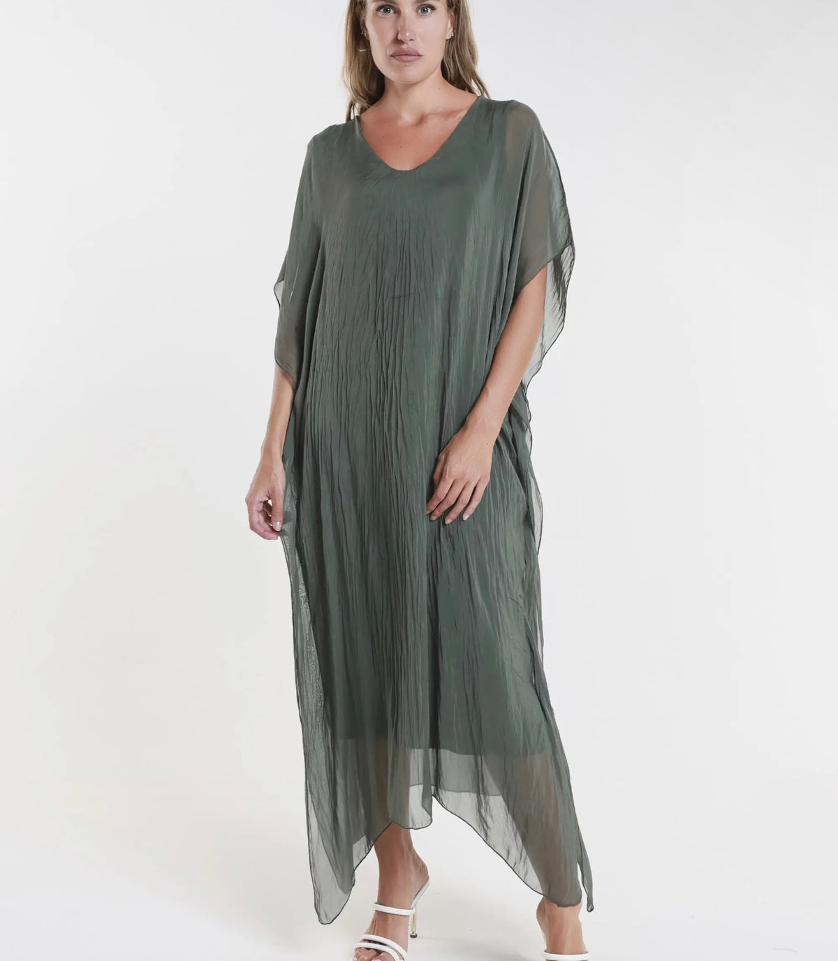 Army green silk kaftan dress with V-neck, loose fit, and flowing sheer sleeves